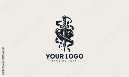 Edgy black silhouette vector logo of a dagger through a heart with decorative ribbons and falling teardrops