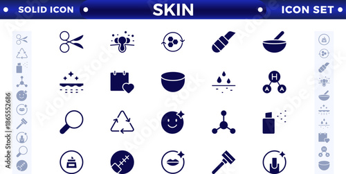 Skin care solid icons set. Moisture cream, acid, anti-wrinkle serum, ceramide, collagen, retinol compound, sunscreen vector illustration. 