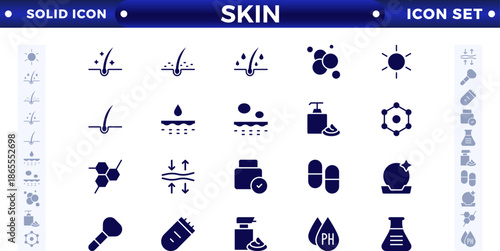 Skin care solid icons set. Moisture cream, acid, anti-wrinkle serum, ceramide, collagen, retinol compound, sunscreen vector illustration. 