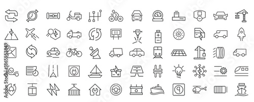 Electric Vehicle line icon set. EV, electric socket station, car plugged, battery, technology, home car charging, power station, taxi, road, race, automobile line icon