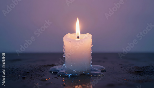 Single lit white pillar candle burning softly against a dark background