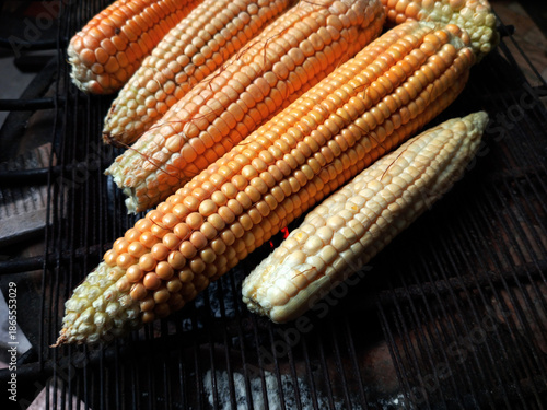Grilling corn on traditional cast iron on coal pot with hot burning charcoal fire at home. Roasting different sizes of maize, Zea mays. Dry heat cooking method in the house.