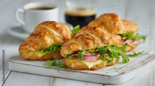 Flaky, golden croissants filled with ham, cheese, and greens sit on a rustic board with a coffee cup and dark coffee in the background
