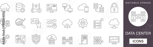  Data center line icon set featuring server infrastructure, cloud storage, and network symbols. Ideal for IT presentations, tech blogs, and UI design. Fully editable vector.