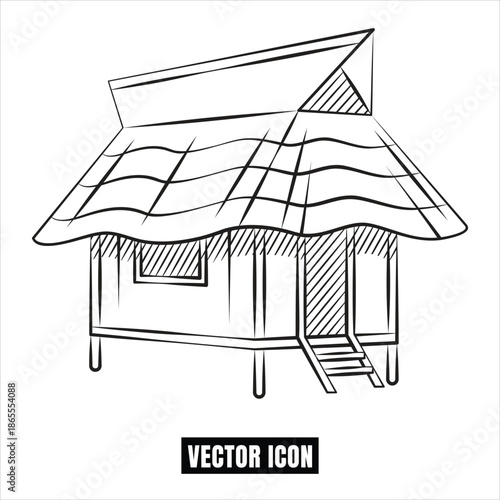 Traditional Hut on Stilts, Tropical Dwelling, Sketchy Vector Illustration