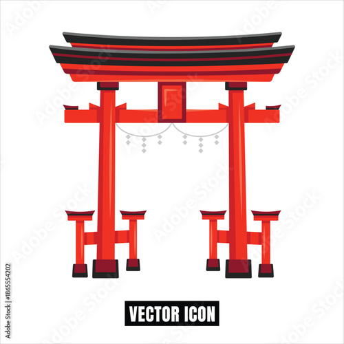 Red Torii Gate Icon Vector Illustration - Traditional Japanese Shrine Entrance