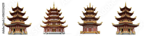 Billede på lærred Set of Traditional Asian Pagoda Temples with Tiered Roofs Isolated on White Back