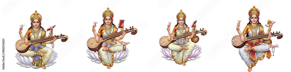 Fototapeta premium Set of Goddess Saraswati Illustrations Playing Veena Isolated on White Background