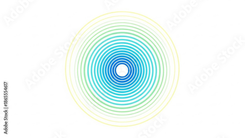 Concentric circles radiating outwards with a gradient of blue green and yellow colors on a white background abstract geometric pattern for digital design and technology