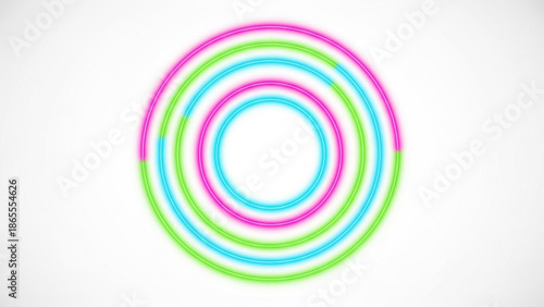 Vibrant neon glowing concentric circles in pink blue and green on a clean white background abstract futuristic design element representing connection energy and motion