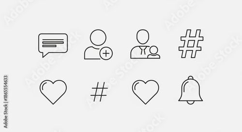Collection of simple outlined social media icons including chat bubble user profile with plus sign user with child hashtag heart and notification bell on a white