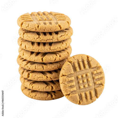 Delicious stack of classic peanut butter cookies with characteristic fork marks isolated on transparent background