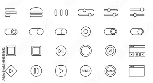 Collection of diverse outline icons representing user interface elements, navigation, multimedia controls, and settings, presented on a clean white background