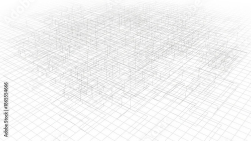 Abstract wireframe grid structure with isometric perspective and depth of field effect creating a complex geometric network of interconnected cubes and lines