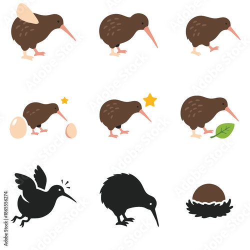 Set of cute cartoon kiwi birds in various poses and situations, including an egg, a leaf, and a nest, with some variations in color and style, isolated on a white background, ideal for children's book