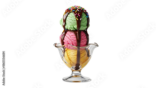 A colorful sundae with multiple scoops of ice cream in a glass dish on transparent background