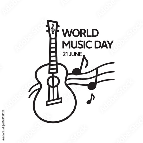 Black and white acoustic guitar vector for World Music Day celebration.
