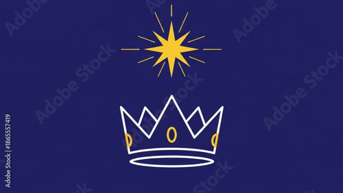 Stylized golden star shining above a white outline crown with gold accents on a dark blue background symbolizing royalty leadership