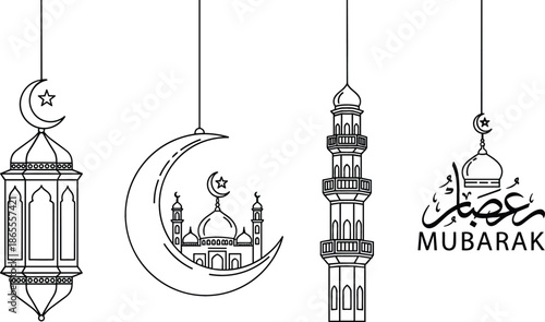 Black line art hanging Islamic ornaments featuring traditional lantern crescent mosque minaret and Mubarak calligraphy on white background.