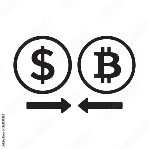  Black line icon representing currency exchange between US Dollar and Bitcoin.