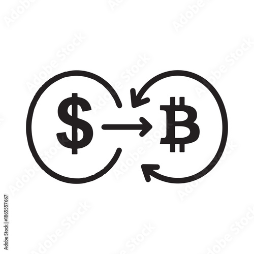  Black line icon representing currency exchange between US Dollar and Bitcoin.