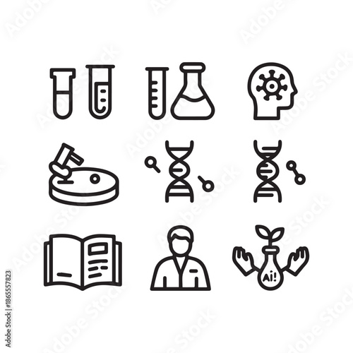 Collection of black line art icons representing science biology and medical research.