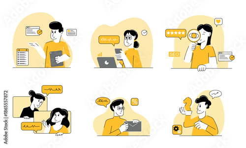 set of social media marketing illustration, business people at video conference, marketing strategic, flat design illustration good for website