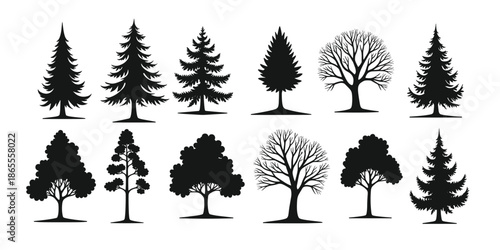 collection of twelve black silhouette tree illustrations