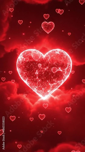 Vibrant Red Heart Design with Sparkles on Cloudy Background for Romantic Themes