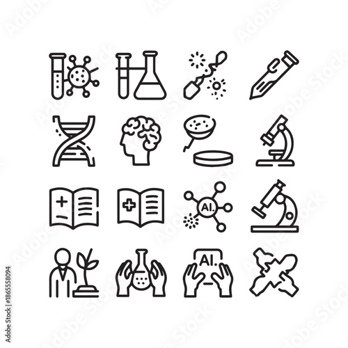 Collection of black line art icons representing science biology and medical research.