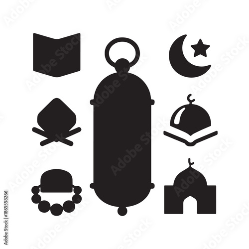 Collection of nine black Islamic religious icons for Ramadan and Eid Mubarak.
