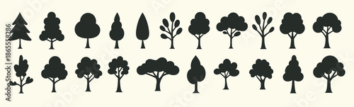 Collection of various black tree silhouettes against