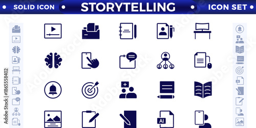 Storytelling and content creator solid icon, creative campaign among blog audience, article, and typewriter of author. Storytelling thin solid icons set vector illustration.