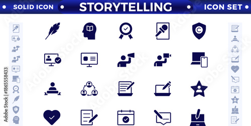 Storytelling and content creator solid icon, creative campaign among blog audience, article, and typewriter of author. Storytelling thin solid icons set vector illustration.