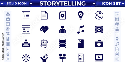 Storytelling and content creator solid icon, creative campaign among blog audience, article, and typewriter of author. Storytelling thin solid icons set vector illustration.