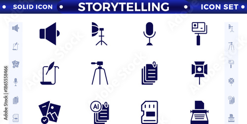 Storytelling and content creator solid icon, creative campaign among blog audience, article, and typewriter of author. Storytelling thin solid icons set vector illustration.