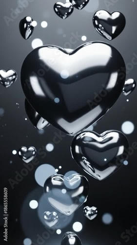 Shiny Silver Hearts Floating in Dark Background with Bright Light Effects for Romantic Decor