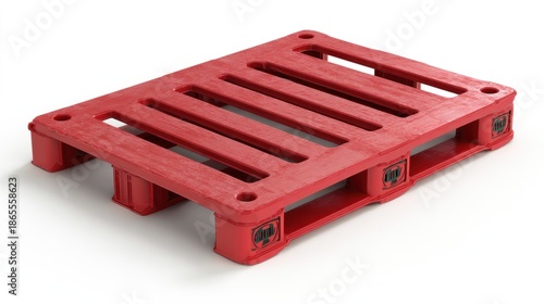 A vibrant red pallet, made of molded plastic, has a rectangular top with evenly spaced slots and block-like feet. Corner details show black markings