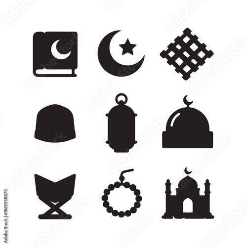 Collection of nine black Islamic religious icons for Ramadan and Eid Mubarak.