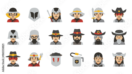 Diverse collection of fantasy character avatars with unique hats and helmets.