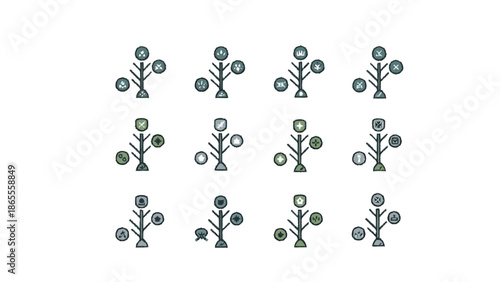 Set of twelve simple tree icons with circular elements on branches, representing growth and connection.