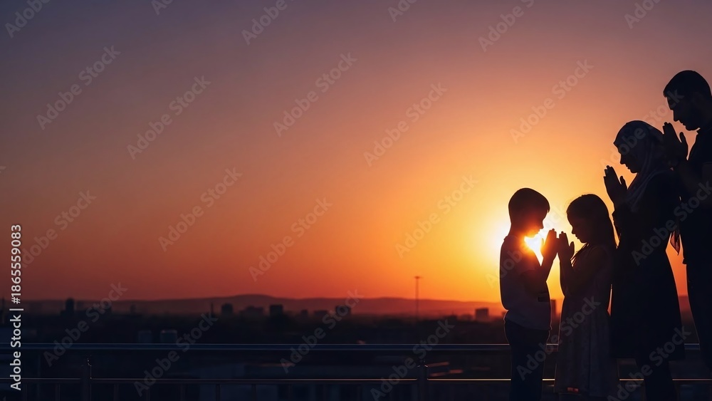 Fototapeta premium Family in prayer at sunset with hands clasped in devotion