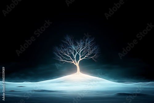 Ethereal Tree Illuminated in Darkness Against a Snowy Landscape with Mystical Glow