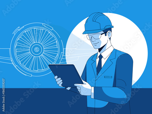 An engineer uses a tablet to analyze turbine data, illuminated by a spotlight. Modern, professional, and focused. Reach higher ground!