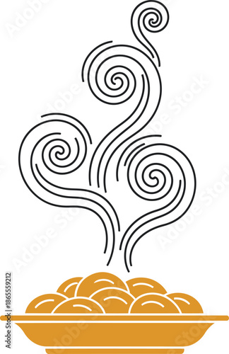 Freshly fried aroma wafts from a plate of golden dumplings. A stylized swirl of steam and food creates a tempting visual. Perfect for food marketing!