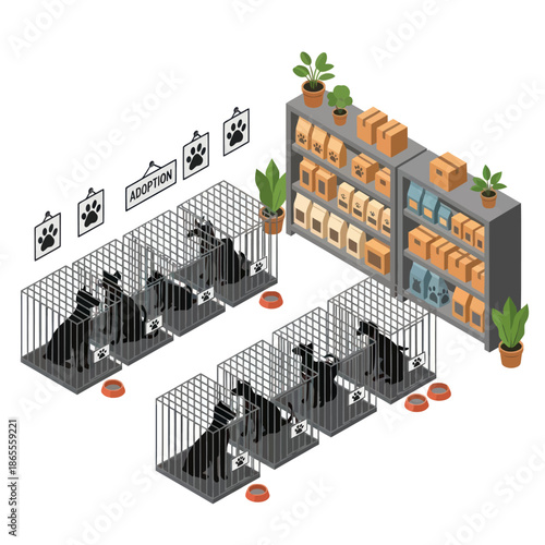 Black Dogs in Cages with Kennels.