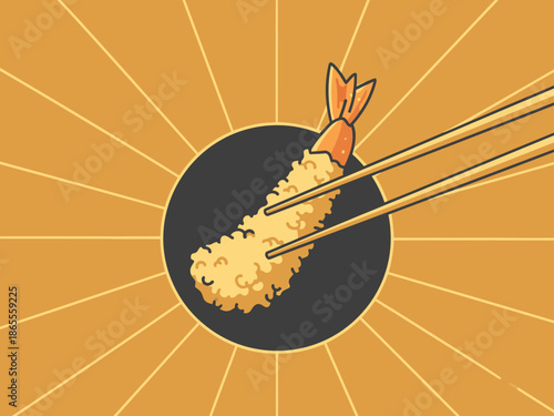 Golden-fried shrimp served with chopsticks, set against a sunburst backdrop. A delicious and visually striking food image, perfect for culinary marketing.