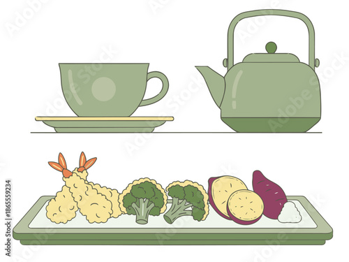 Elevated snack time! A serene Japanese-inspired tray showcases tempura, vegetables, and a teapot. Minimalist design, soft colors, and a calming aesthetic.
