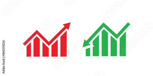 Graph going Up and Down sign with green and red arrows vector. Flat design vector illustration concept of sales bar chart symbol icon with arrow moving down and sales bar chart with arrow moving up.