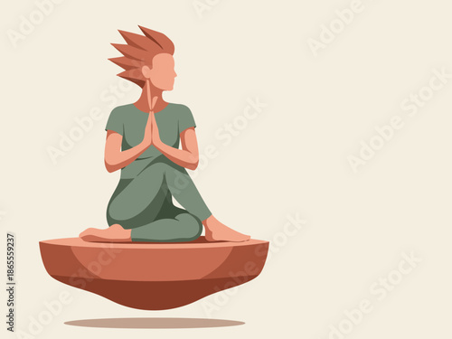 A young man meditates in a seated lotus pose on a floating platform. He exudes mindful energy. Simple, modern illustration.